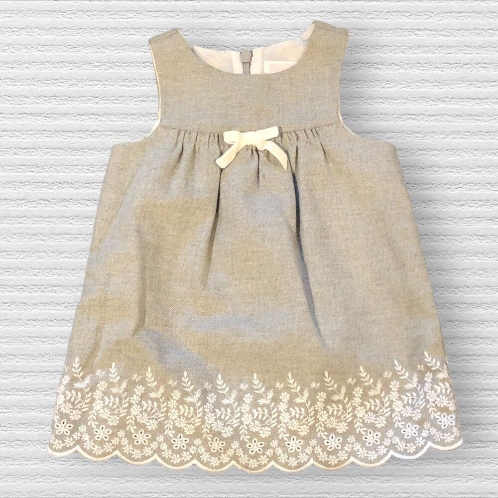 Janie & Jack 3-6m Wool Gray White Embroidered Trim Holiday Dress